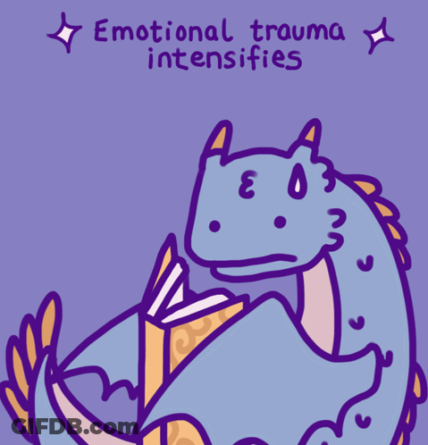 A Cartoon Of A Dragon Reading A Book With The Words Emotional Trauma Intensifies GIF