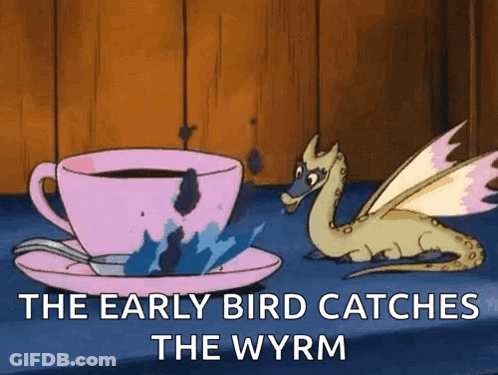 A Cartoon Of A Dragon Sitting Next To A Cup Of Coffee GIF