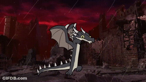 A Cartoon Of A Dragon Standing In A Ruined Area GIF