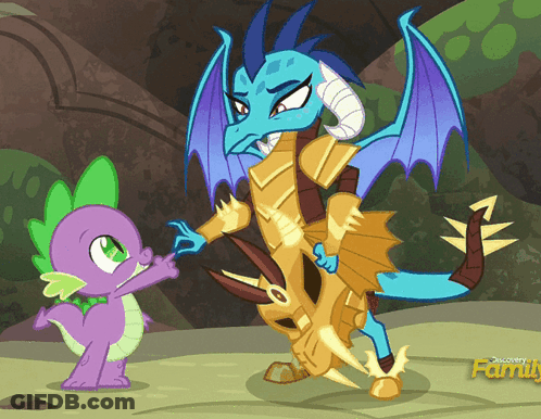 A Cartoon Of A Dragon Standing Next To Another Dragon With Discovery Family Written On The Bottom Right GIF