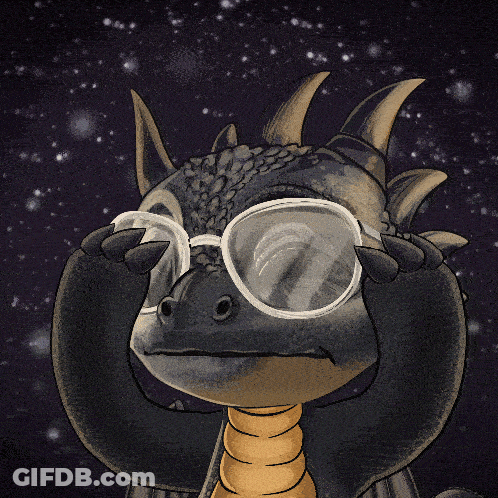 A Cartoon Of A Dragon Wearing Glasses Against A Dark Background GIF