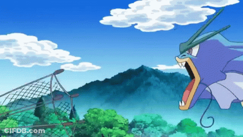 A Cartoon Of A Dragon With A Fishing Net In The Foreground And Mountains In The Background GIF