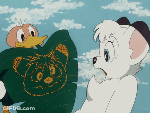 A Cartoon Of A Duck And A Lion Holding A Green Leaf GIF