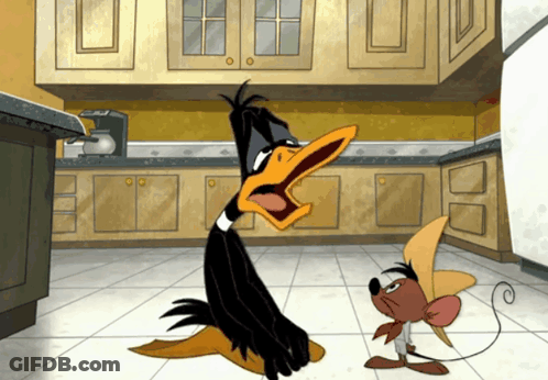 A Cartoon Of A Duck And A Mouse Standing Next To Each Other In A Kitchen GIF