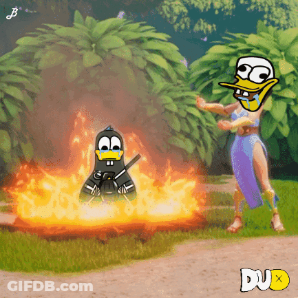 Cartoon Duck And Woman Standing Next To Fire Duo GIF