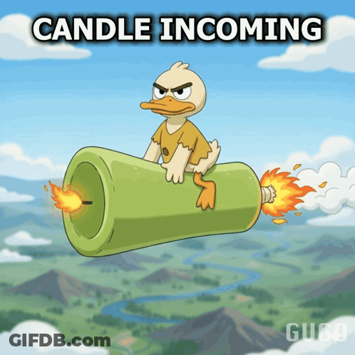 A Cartoon Of A Duck Flying Through The Air With The Words Candle Incoming Below It GIF