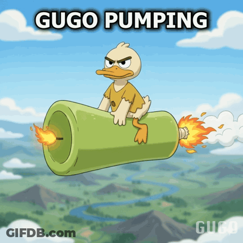 A Cartoon Of A Duck Flying Through The Air With The Words " Gugo Pumping " Above Him GIF