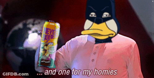 A Cartoon Of A Duck Holding A Can Of Eye Drops GIF