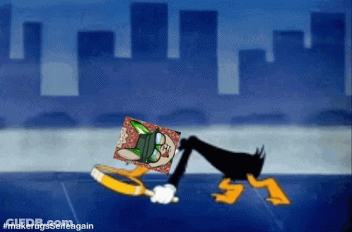A Cartoon Of A Duck Holding A Magnifying Glass With The Hashtag #Makerugsselfeagin At The Bottom GIF