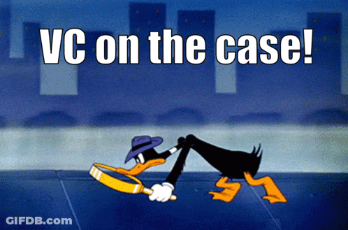 A Cartoon Of A Duck Holding A Magnifying Glass With The Words Vc On The Case Below It GIF