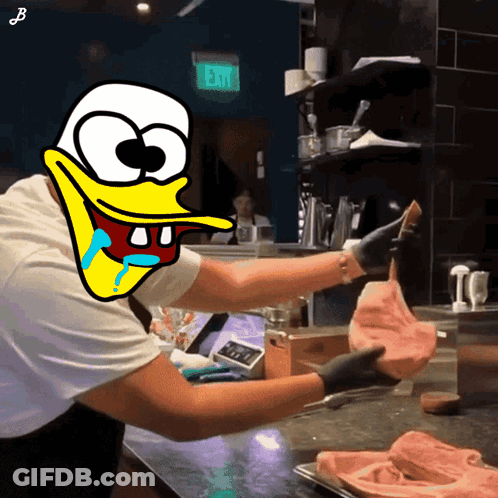A Cartoon Of A Duck Holding A Piece Of Meat GIF