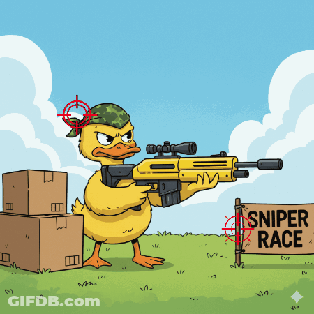 A Cartoon Of A Duck Holding A Sniper Rifle Next To A Sign That Says Sniper Race GIF