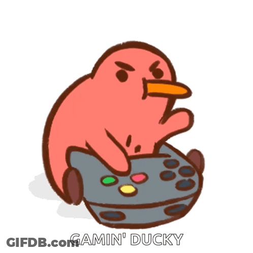 A Cartoon Of A Duck Holding A Video Game Controller With The Caption " Gamin ' Ducky " GIF