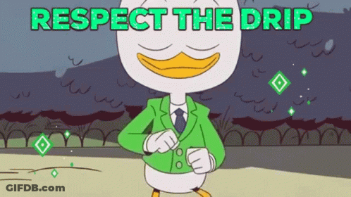 A Cartoon Of A Duck In A Green Suit And Tie With The Words Respect The Drip Above Him GIF