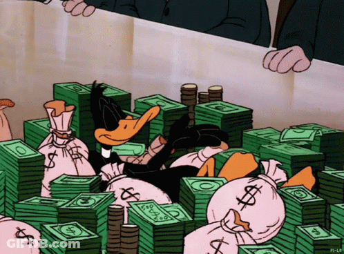 A Cartoon Of A Duck Laying In A Pile Of Money With A Dollar Sign On The Bag GIF