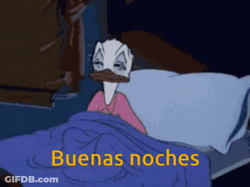 A Cartoon Of A Duck Laying In Bed With The Words Buenas Noches Above Him GIF