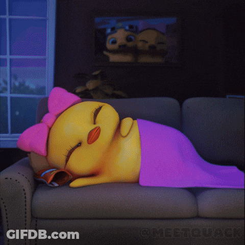 A Cartoon Of A Duck Laying On A Couch With A Purple Blanket GIF