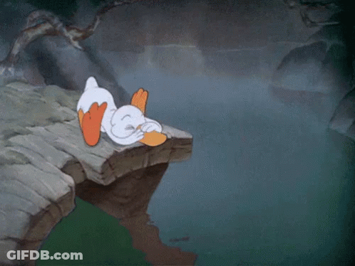 A Cartoon Of A Duck Laying On A Rock With The Words I 'M Written Above It GIF