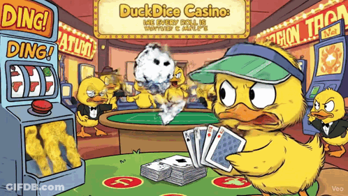 A Cartoon Of A Duck Playing A Game Of Duck Dice Casino GIF