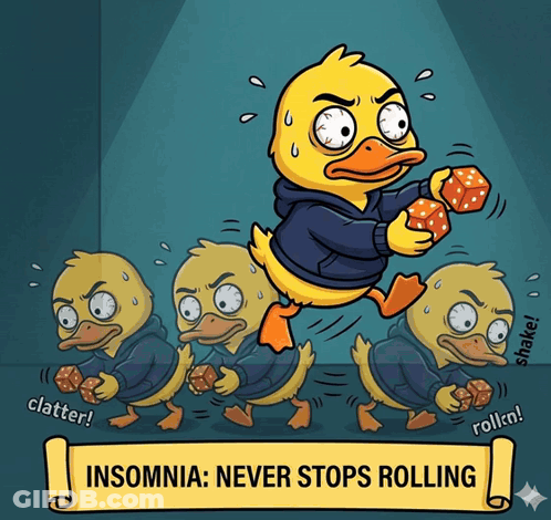 A Cartoon Of A Duck Playing Dice With The Words Insomnia Never Stops Rolling Below It GIF