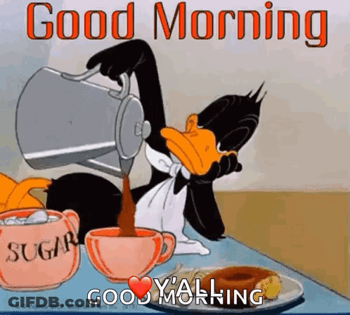 A Cartoon Of A Duck Pouring Coffee Into A Cup GIF