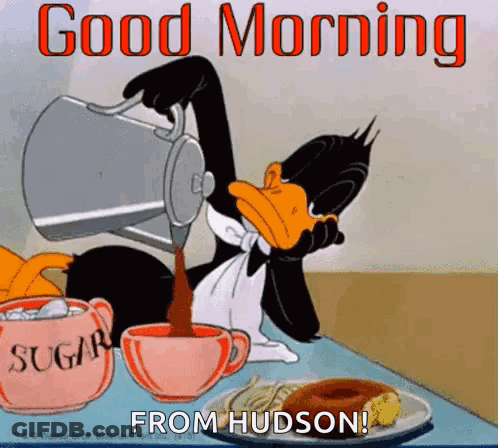A Cartoon Of A Duck Pouring Coffee Into A Cup With The Words `` Good Morning From Hudson '' . GIF