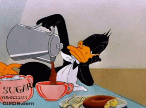 A Cartoon Of A Duck Pouring Coffee Into A Pink Cup That Says Sugar GIF