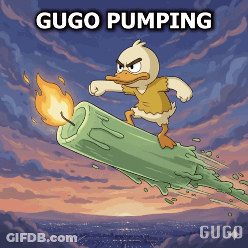 A Cartoon Of A Duck Riding A Candle With The Words " Gugo Pumping " Below It GIF