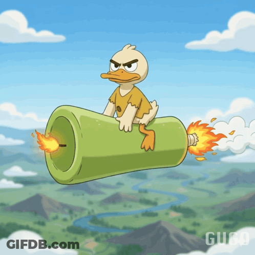 A Cartoon Of A Duck Riding A Green Rocket With The Word Gugo On The Bottom GIF