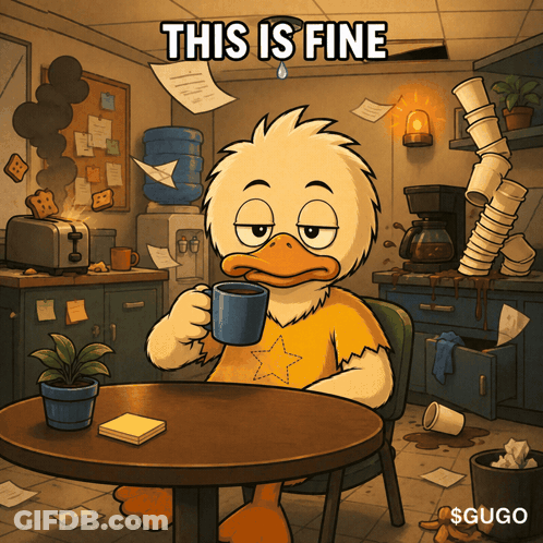 A Cartoon Of A Duck Sitting At A Table Holding A Cup Of Coffee With The Words This Is Fine Above Him GIF