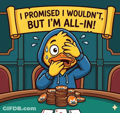 A Cartoon Of A Duck Sitting At A Table With A Banner That Says I Promised I Wouldn 'T GIF
