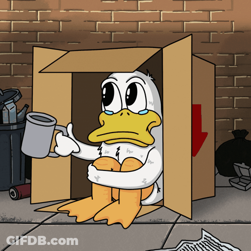 A Cartoon Of A Duck Sitting In A Cardboard Box Holding A Cup GIF