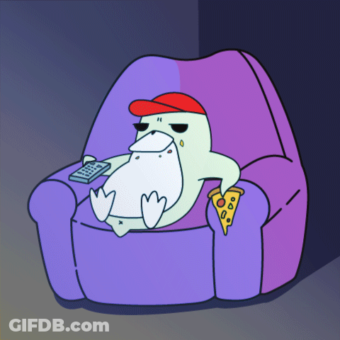 A Cartoon Of A Duck Sitting In A Chair With A Remote GIF