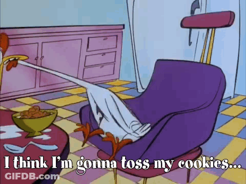 A Cartoon Of A Duck Sitting In A Chair With The Words I Think I 'M Gonna Toss My Cookies GIF