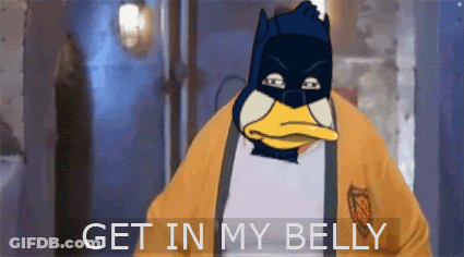 A Cartoon Of A Duck Wearing A Batman Mask With The Words Get In My Belly Below It GIF