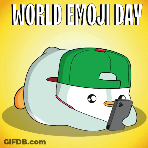 A Cartoon Of A Duck Wearing A Green Hat Looking At A Cell Phone GIF