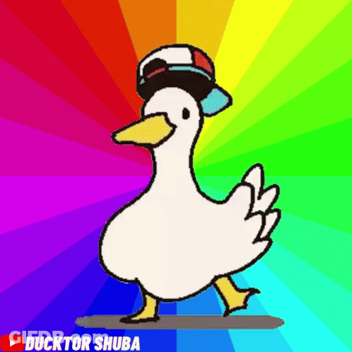 A Cartoon Of A Duck Wearing A Hat With The Name Ducktor Shuba On The Bottom GIF
