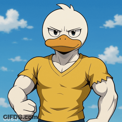 A Cartoon Of A Duck Wearing A Yellow Shirt With Gugo Written On The Bottom Right GIF