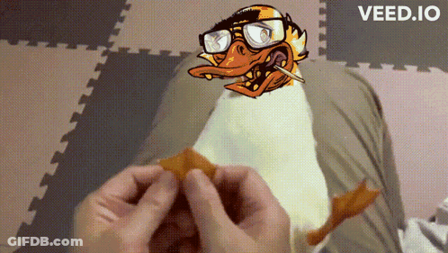 A Cartoon Of A Duck With Glasses And A Cigarette In Its Mouth Is Being Held By A Person GIF