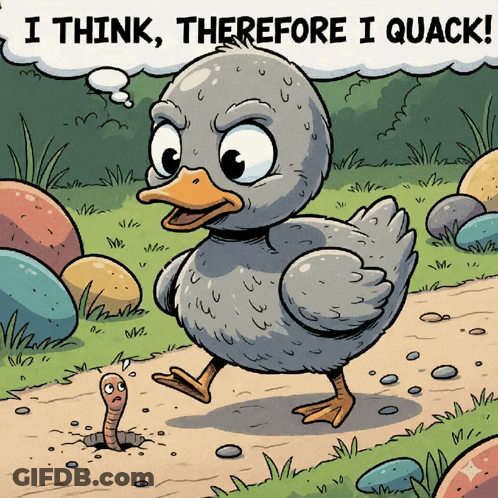 A Cartoon Of A Duck With The Words " I Think Therefore I Quack " GIF