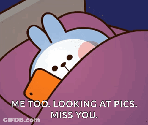 A Cartoon Of A Duck With The Words " Me Too Looking At Pics Miss You " On The Bottom GIF