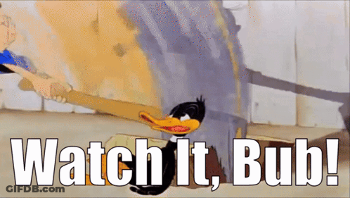 A Cartoon Of A Duck With The Words Watch It Bub On The Bottom GIF