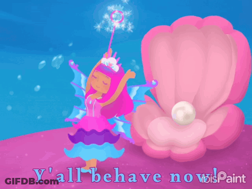 A Cartoon Of A Fairy Blowing Soap Bubbles Next To A Pink Oyster Shell GIF