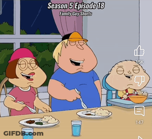 A Cartoon Of A Family Guy Sitting Around A Table With Plates Of Food GIF