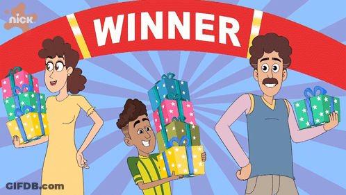 A Cartoon Of A Family Holding Presents Under A Banner That Says " Winner " GIF