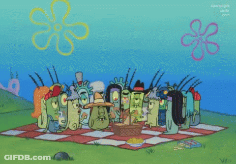 A Cartoon Of A Family Reunion With A Picnic Blanket GIF