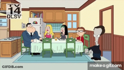 A Cartoon Of A Family Sitting Around A Dining Table With A Tv 14 Dlsv Logo Behind Them GIF