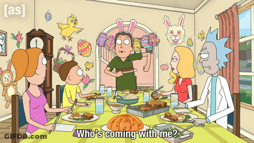 A Cartoon Of A Family Sitting Around A Table With The Words Who 'S Coming With Me At The Bottom GIF