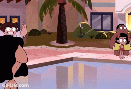 A Cartoon Of A Family Standing By A Pool With A Palm Tree In The Background GIF