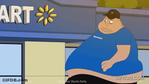 A Cartoon Of A Fat Man Standing In Front Of A Store Called Art GIF